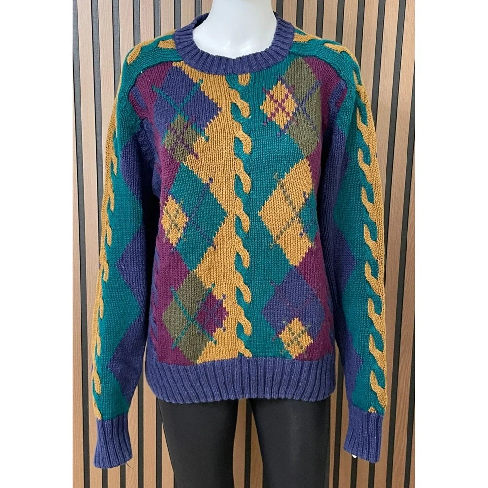 417 Van Heusen Men's M Blue Sweater Blue 80s Cable Knit Argyle Vintage